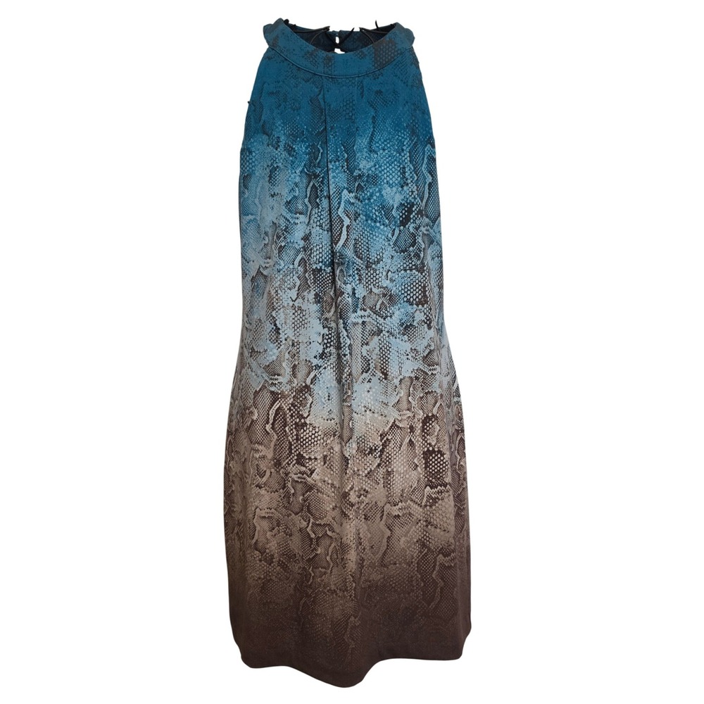 White House Black Market Snakeskin Ombre Teal Brown Halter Cage Back Dress Small